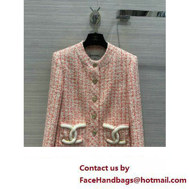 CHANEL Embroidered Glittered Tweed Ecru, Pink, Red  &  Gold JACKET P76716 2024